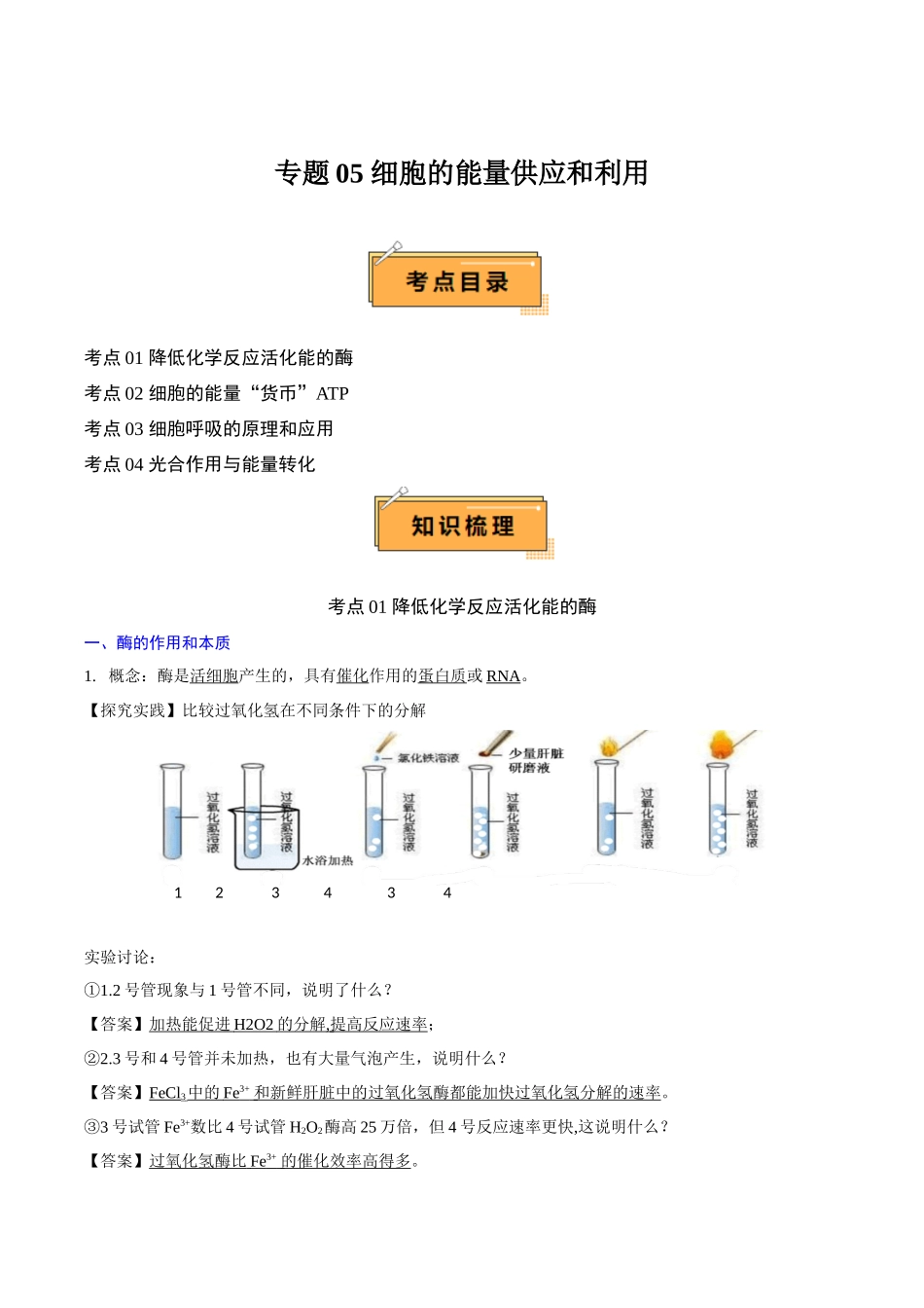 专题05细胞的能量供应和利用（知识梳理）-【学考复习】2024年高中生物学业水平考试必备考点归纳与测试.docx_第1页