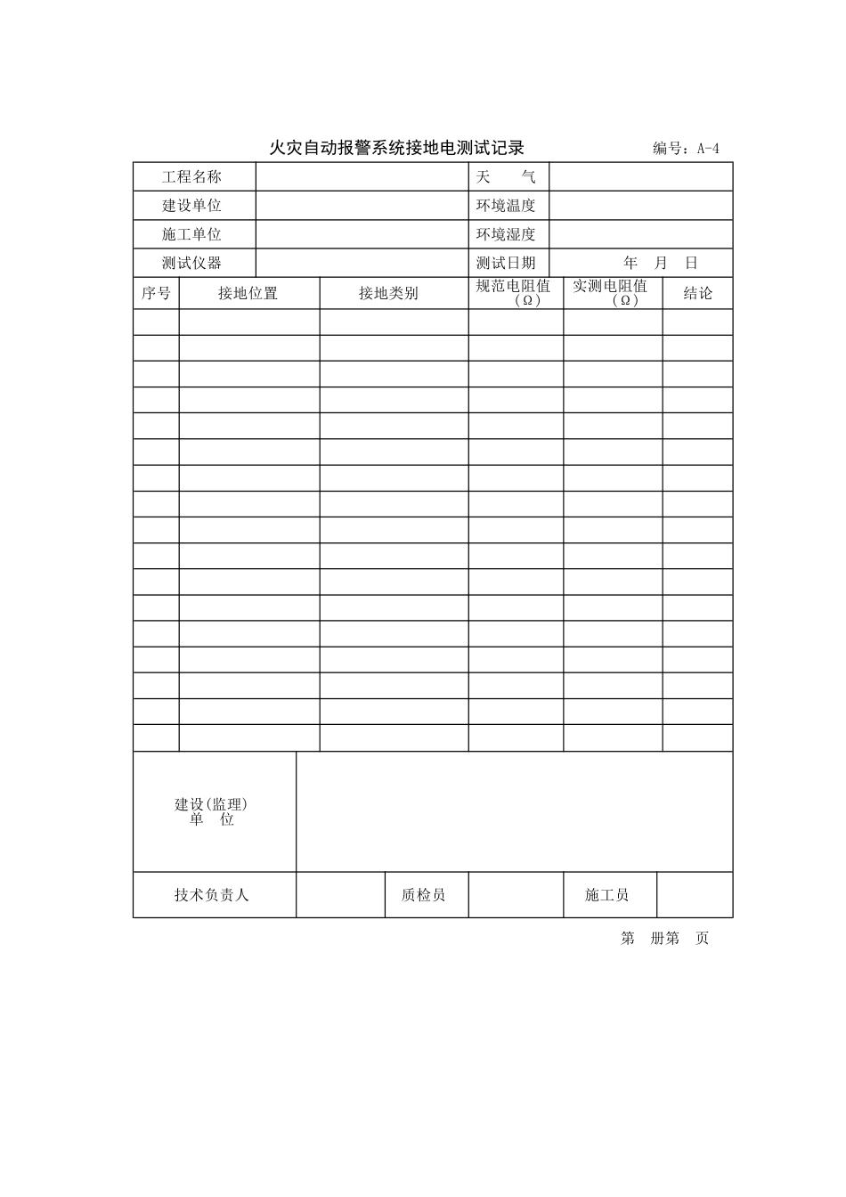 (编号;A-4)火灾自动报警系统接地电测试记录.doc_第1页