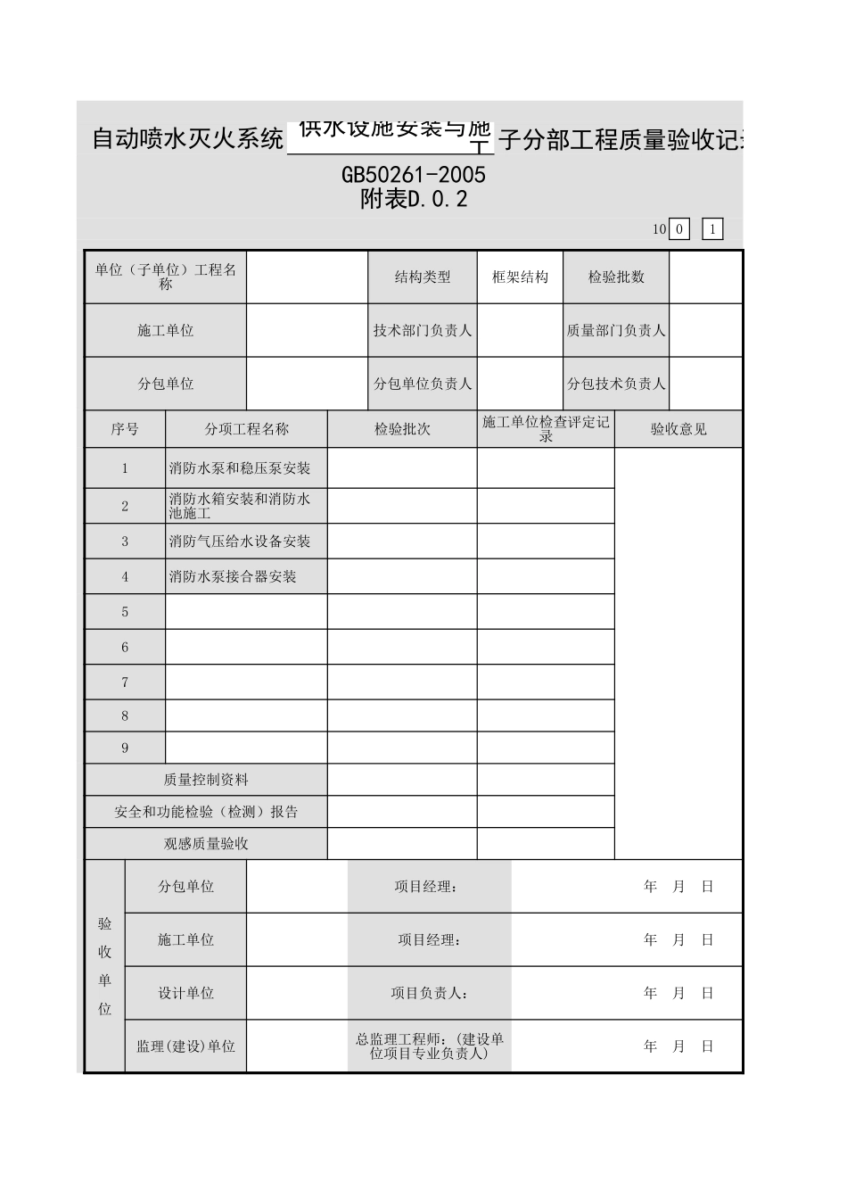 001-19自动喷水灭火系统(供水设施安装与施工)子部工程质量验收记录(1001).xls_第1页