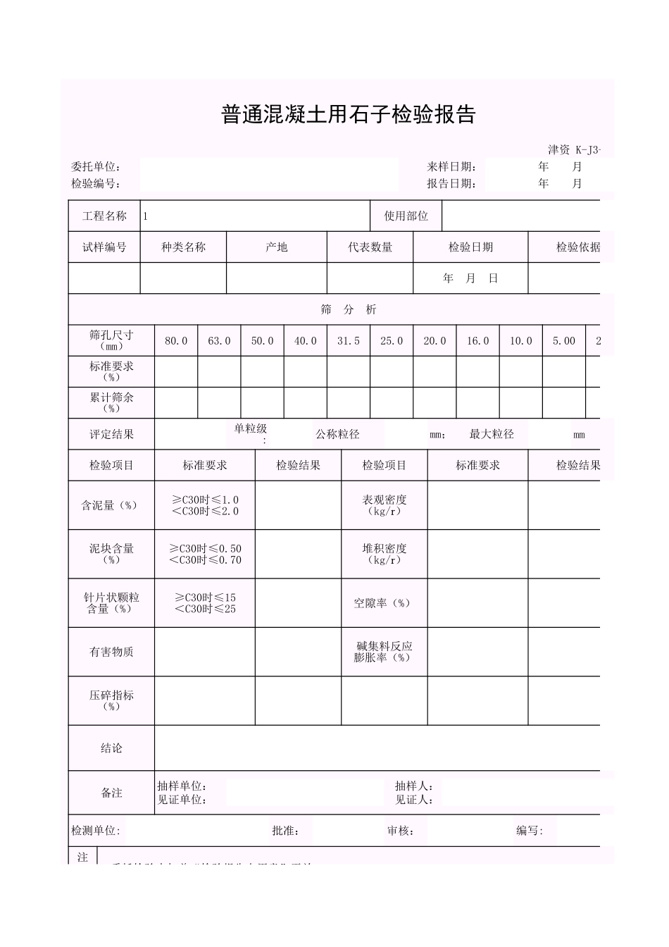 001-K-J3-12-2 普通混凝土用石子检验报告.xls_第1页