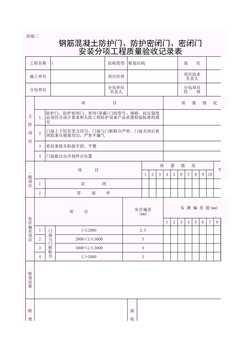 001-防验表2 钢筋混凝土防护门、防护密闭门、密闭门安装分项工程质量验收记录表.xls_第1页