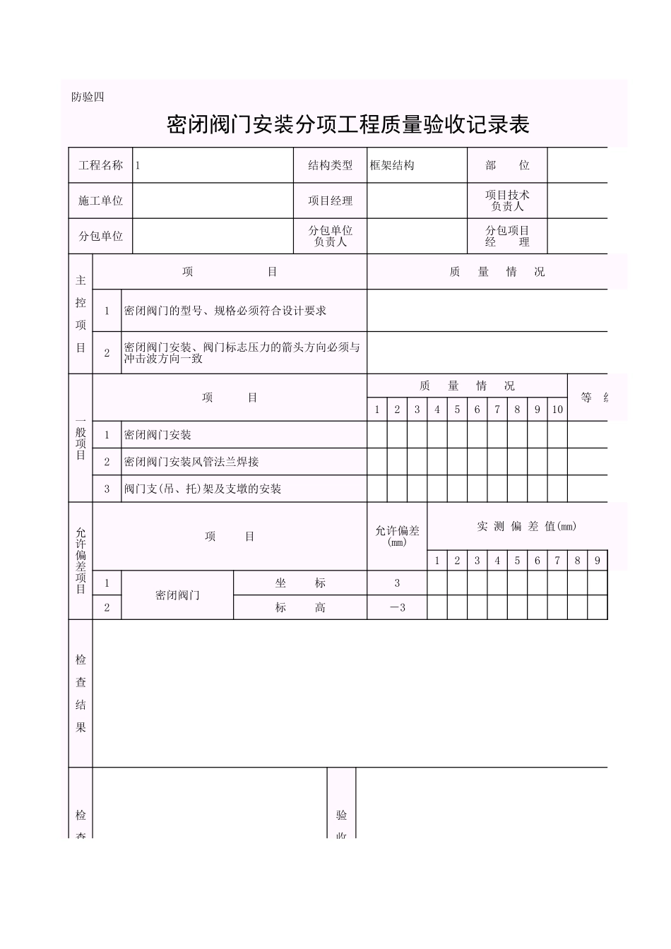 001-防验表4 密闭阀门安装分项工程质量验收记录表.xls_第1页