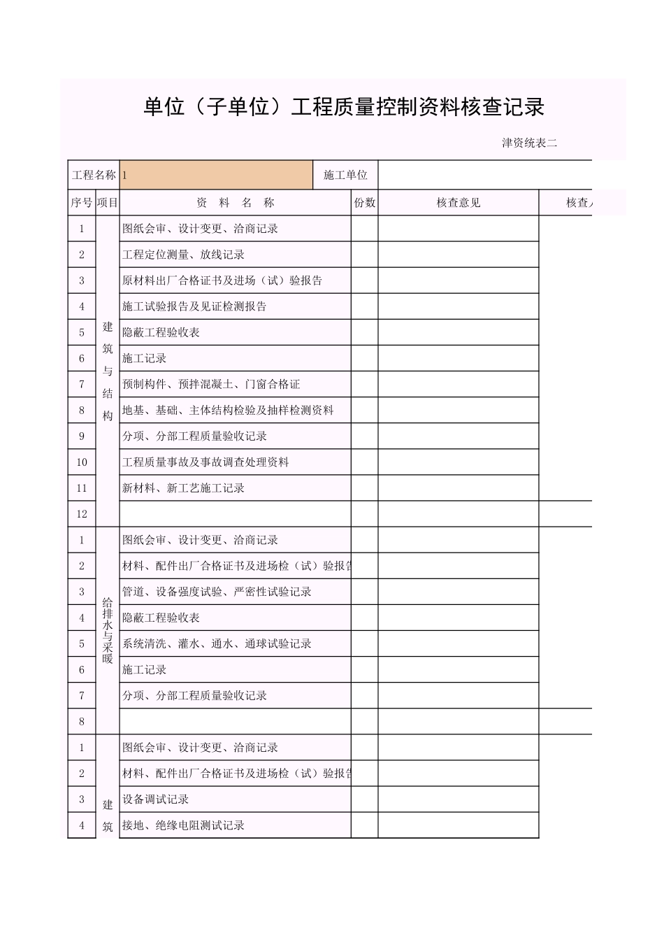 001-津资-2_单位(子单位)工程质量控制资料核查记录.xls_第1页