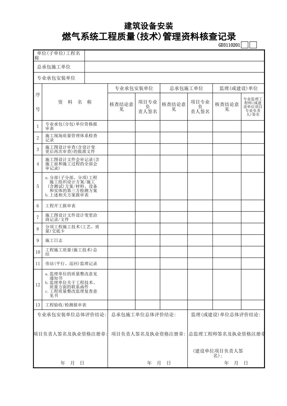 01建筑设备安装燃气系统工程质量(技术)管理资料核查记录GD3110201.xls_第1页
