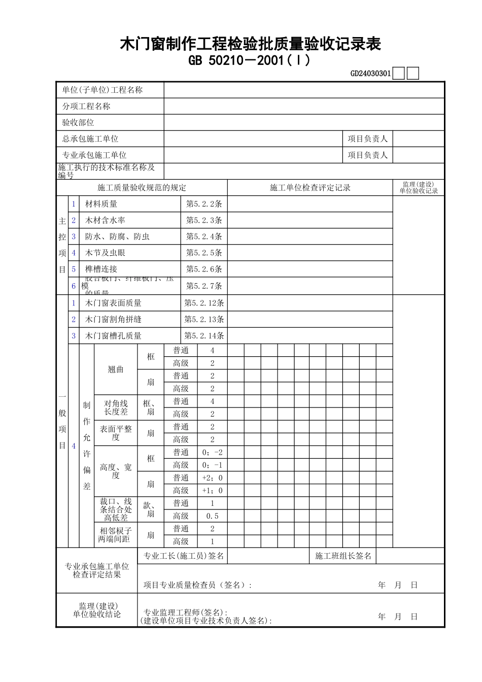 01木门窗制作工程检验批质量验收记录表(Ⅰ)GD24030301.xls_第1页