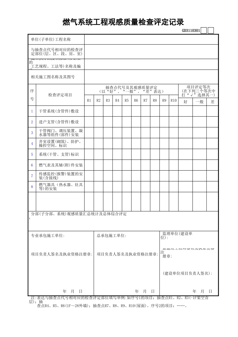 01燃气系统工程观感质量检查评定记录GD3110301.xls_第1页