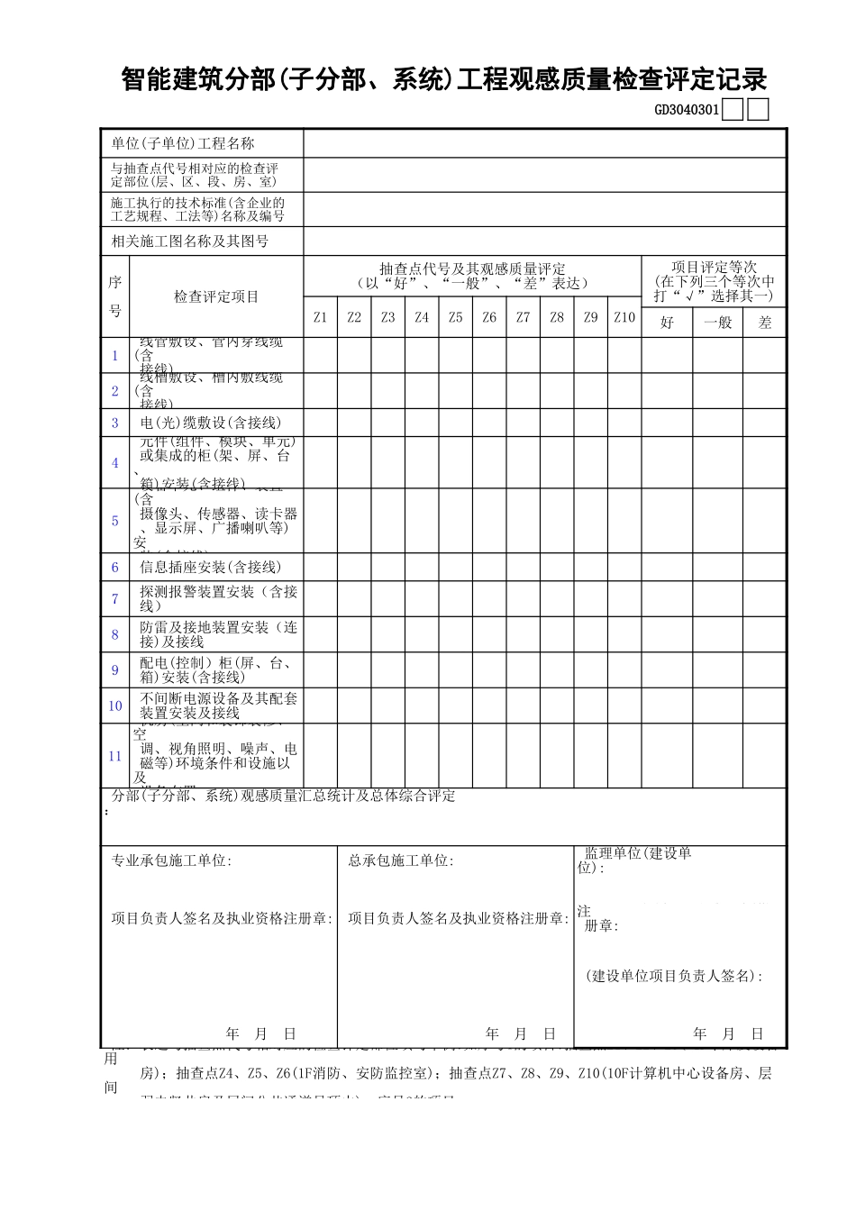 01智能建筑分部(子分部、系统)工程观感质量检查评定记录GD3040301.xls_第1页