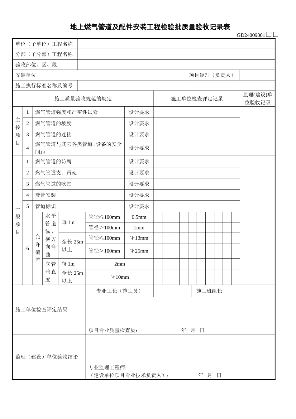 1、地上燃气管道及配件安装工程检验批质量验收记录表(GD2409001).doc_第1页