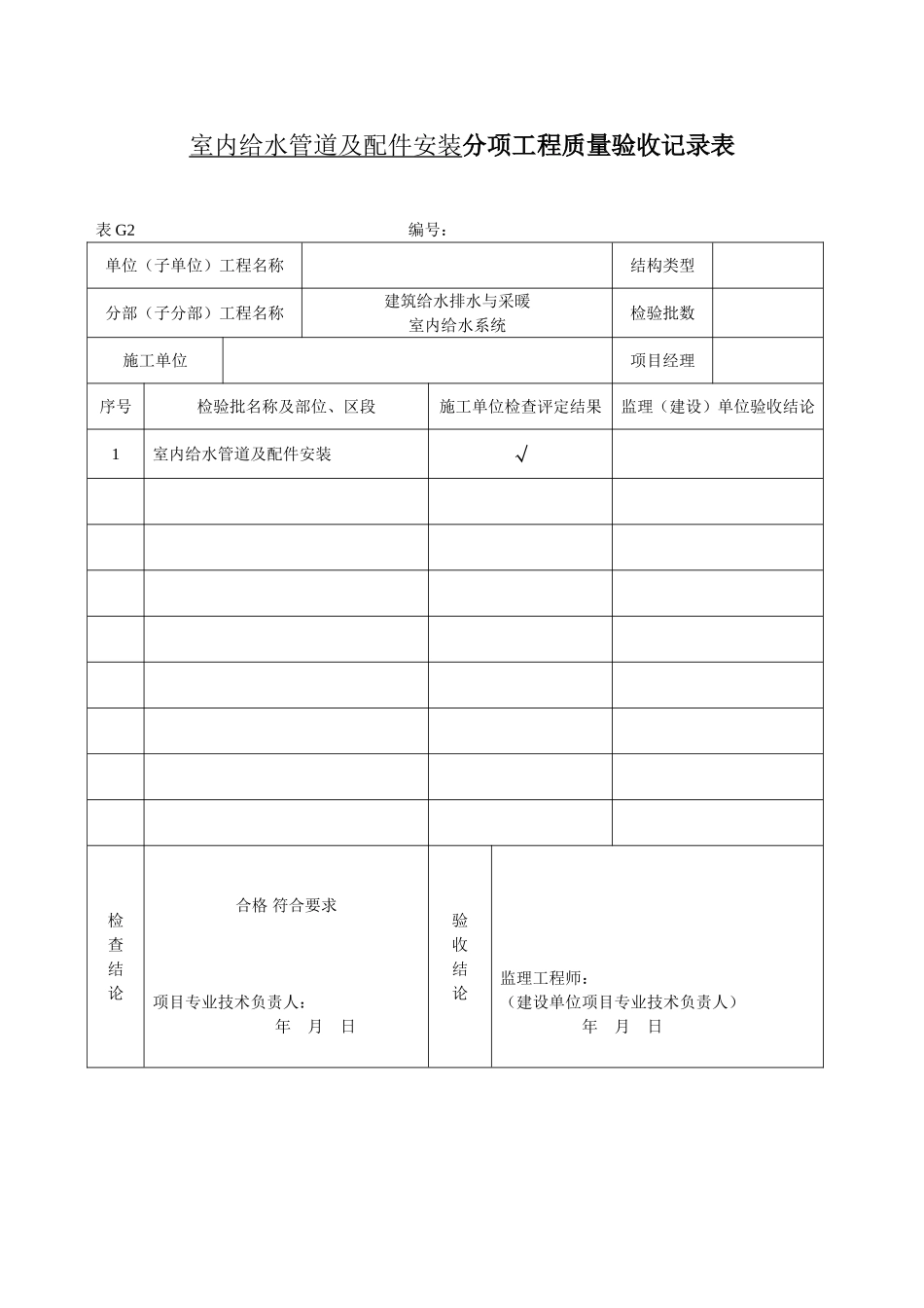 1、室内给水管道及配件安装(分项)工程质量验收记录表.doc_第1页