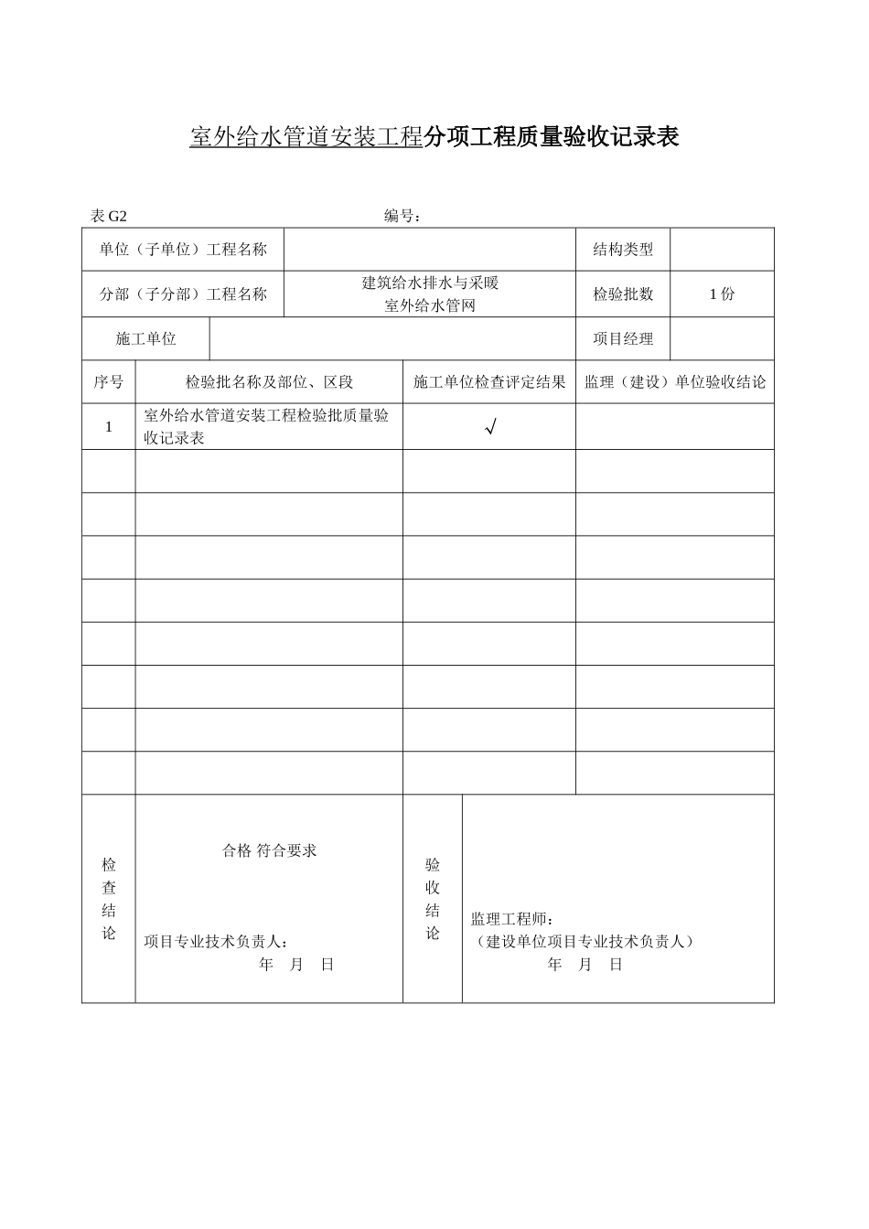 1、室外给水管道安装工程（分项）工程质量验收记录表.doc_第1页
