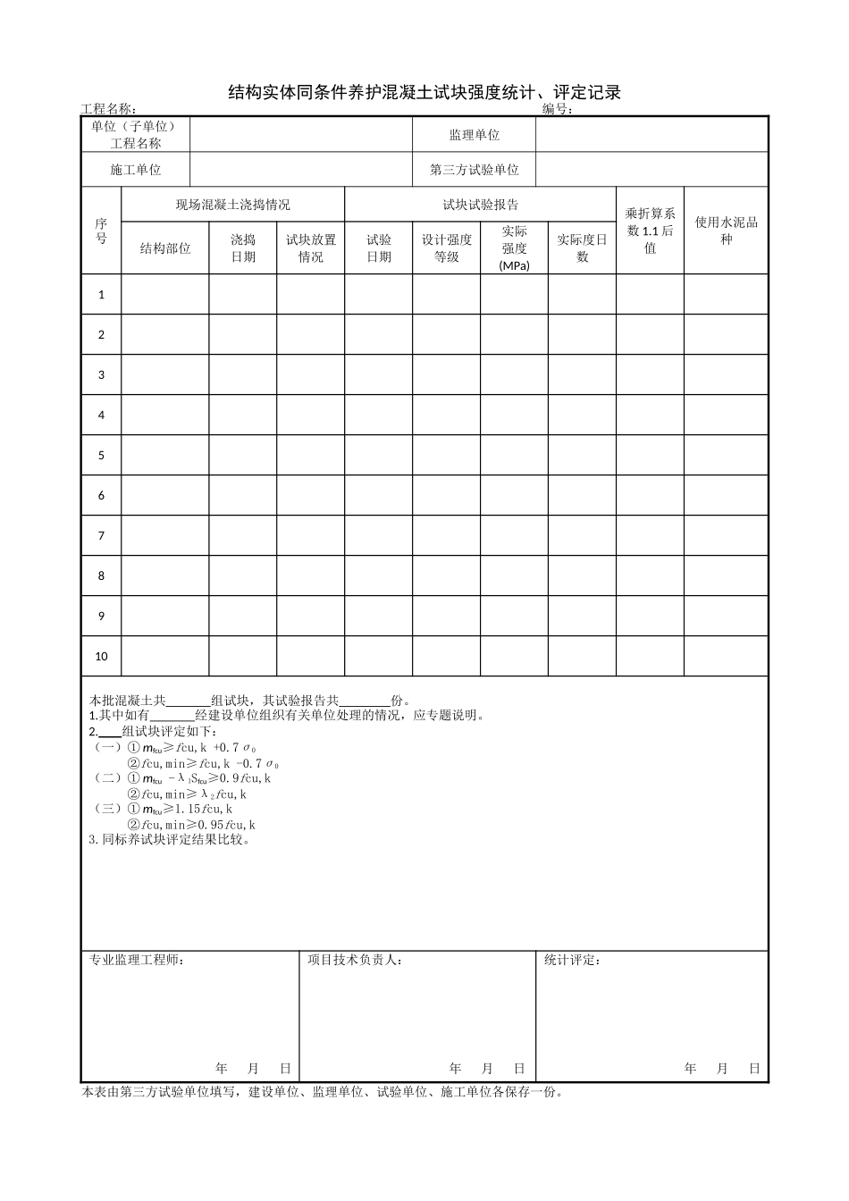 1.5.24结构实体同条件养护混凝土试块强度统计、评定记录.doc_第1页