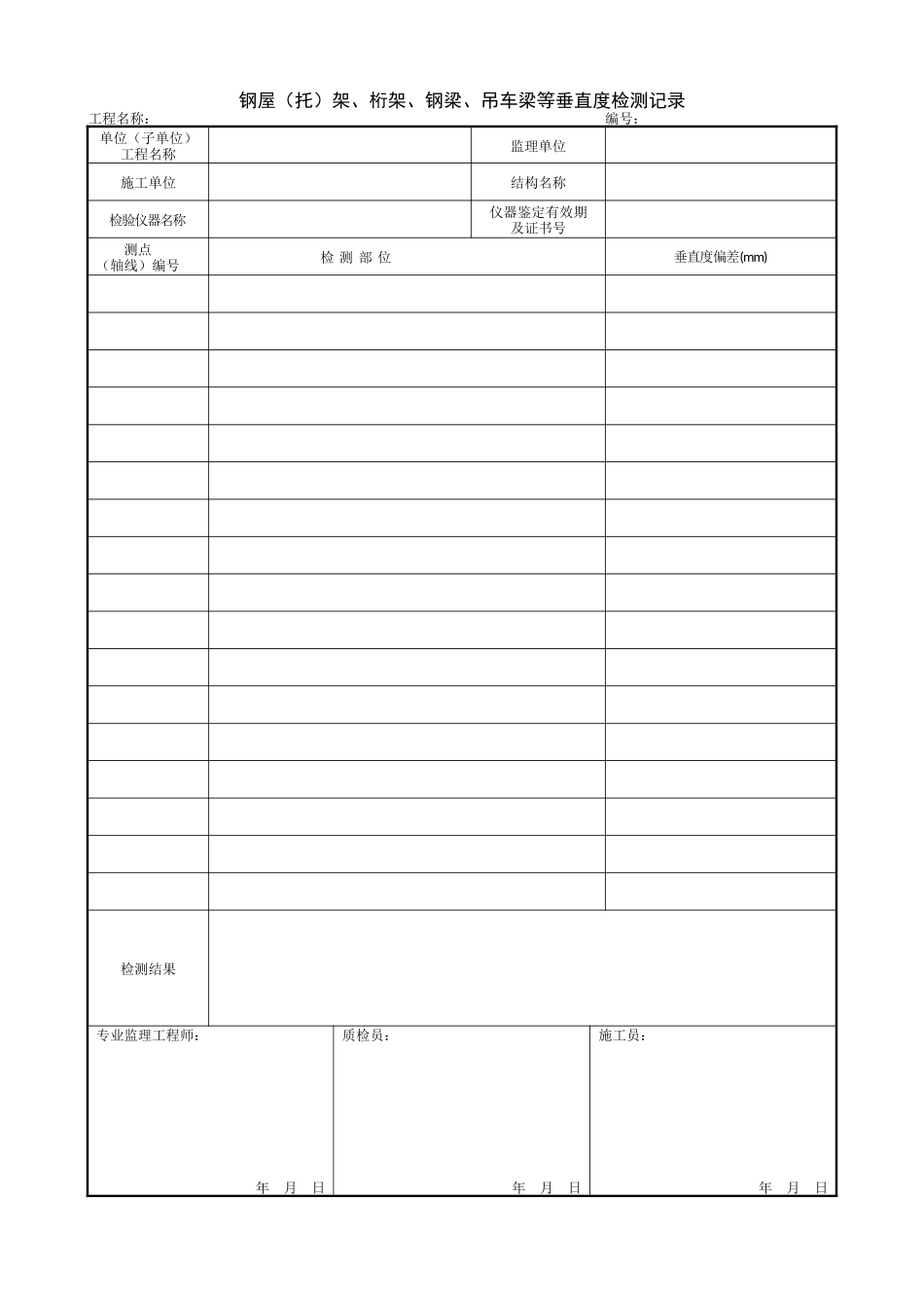 1.6.8钢屋(托)架、桁架、钢梁、吊车梁等垂直度检测记录.doc_第1页
