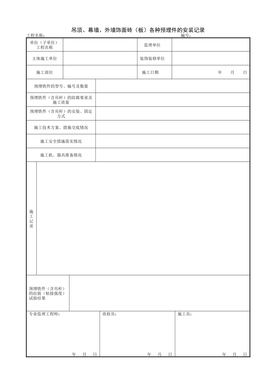 1.10.1吊顶、幕墙、外墙饰面砖（板）各种预埋件的安装记录.doc_第1页
