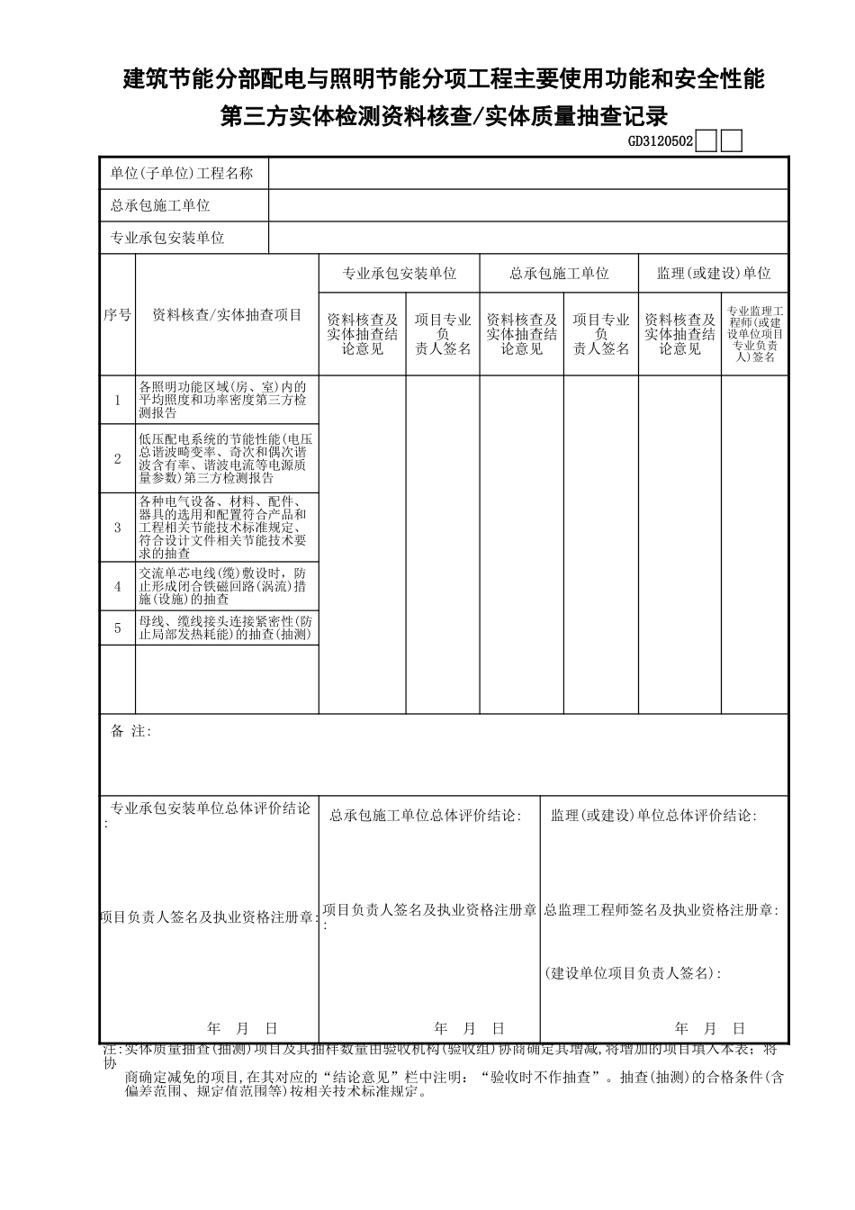 02建筑节能分部配电与照明节能分项工程主要使用功能和安全性能第三方实体检测资料核查—实体质量抽查记录GD3120502.xls_第1页