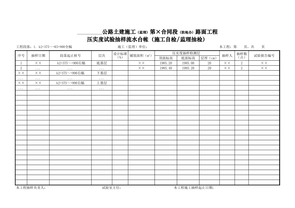 2、路面工程压实度试验抽样---流水台帐.xls_第1页