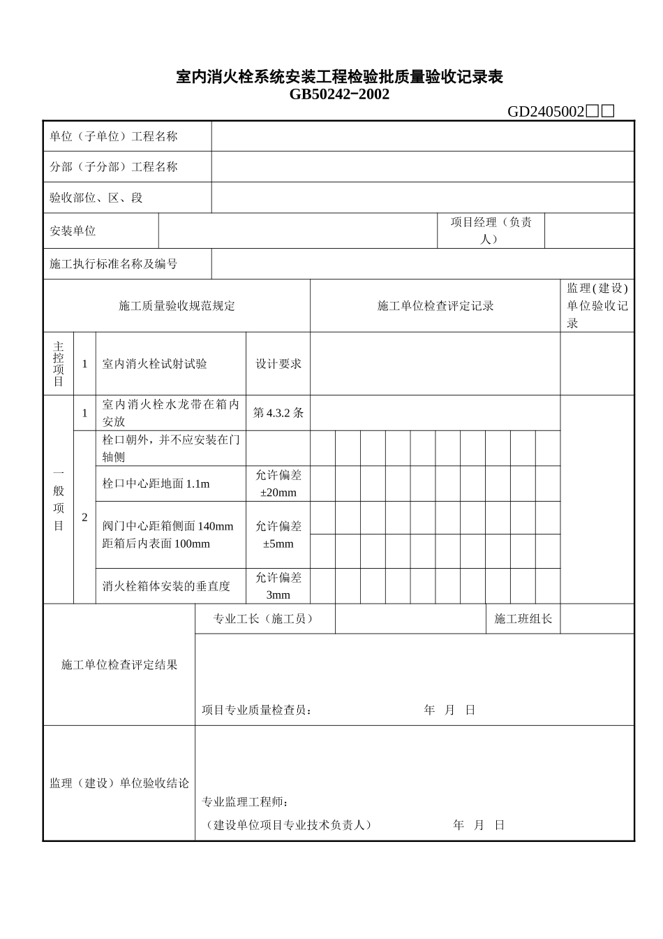 2、室内消火栓系统安装工程检验批质量验收记录表(GD2405002).doc_第1页
