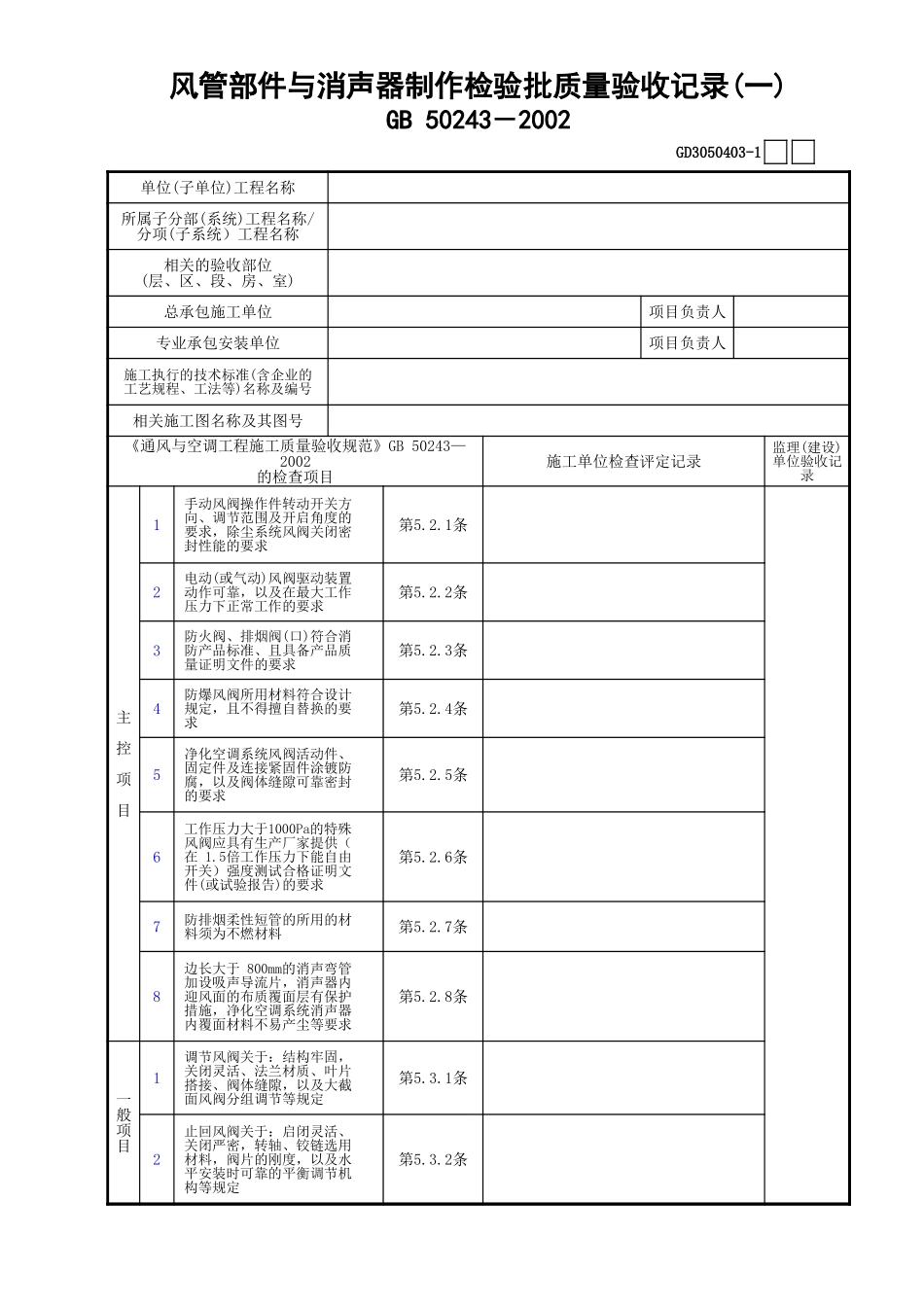 03风管部件与消声器制作检验批质量验收记录(1)GD3050403.xls_第1页