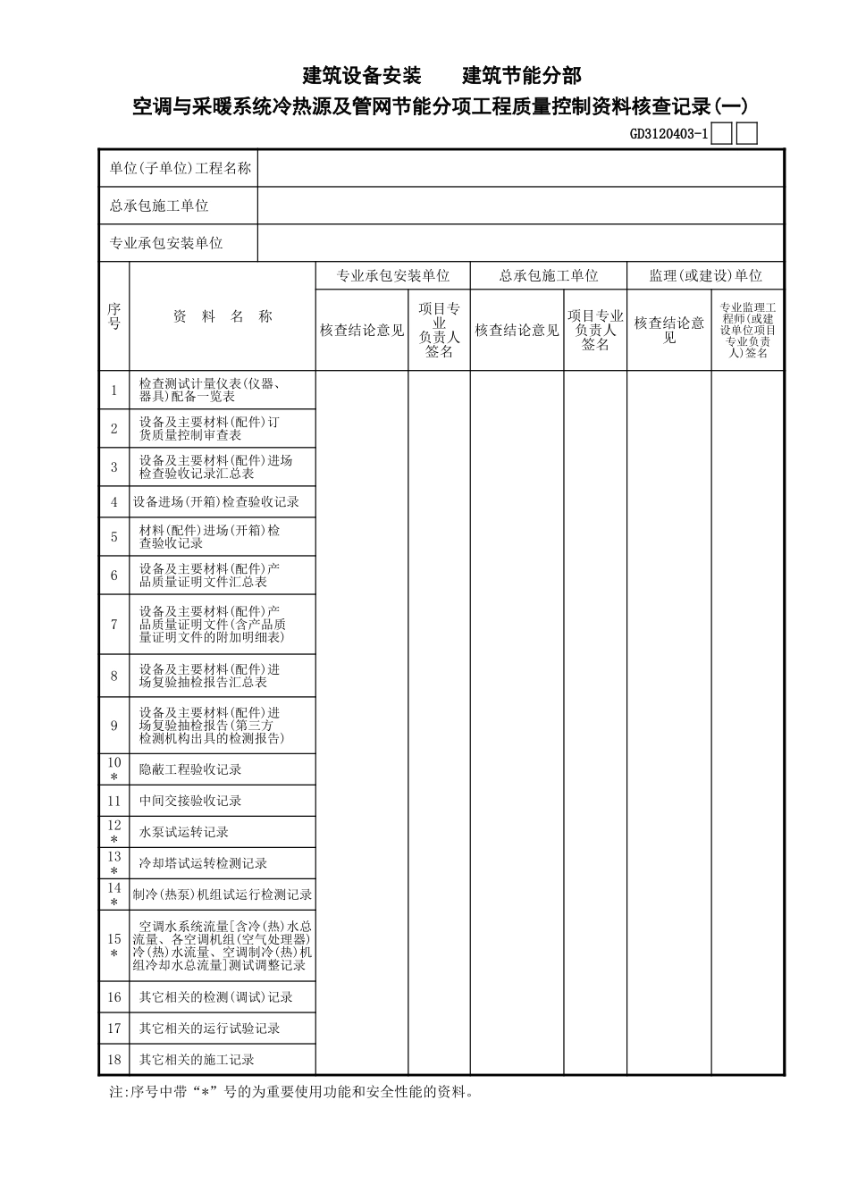 03空调与采暖系统冷热源及管网节能分项工程质量控制资料核查记录(一)GD3120403.xls_第1页