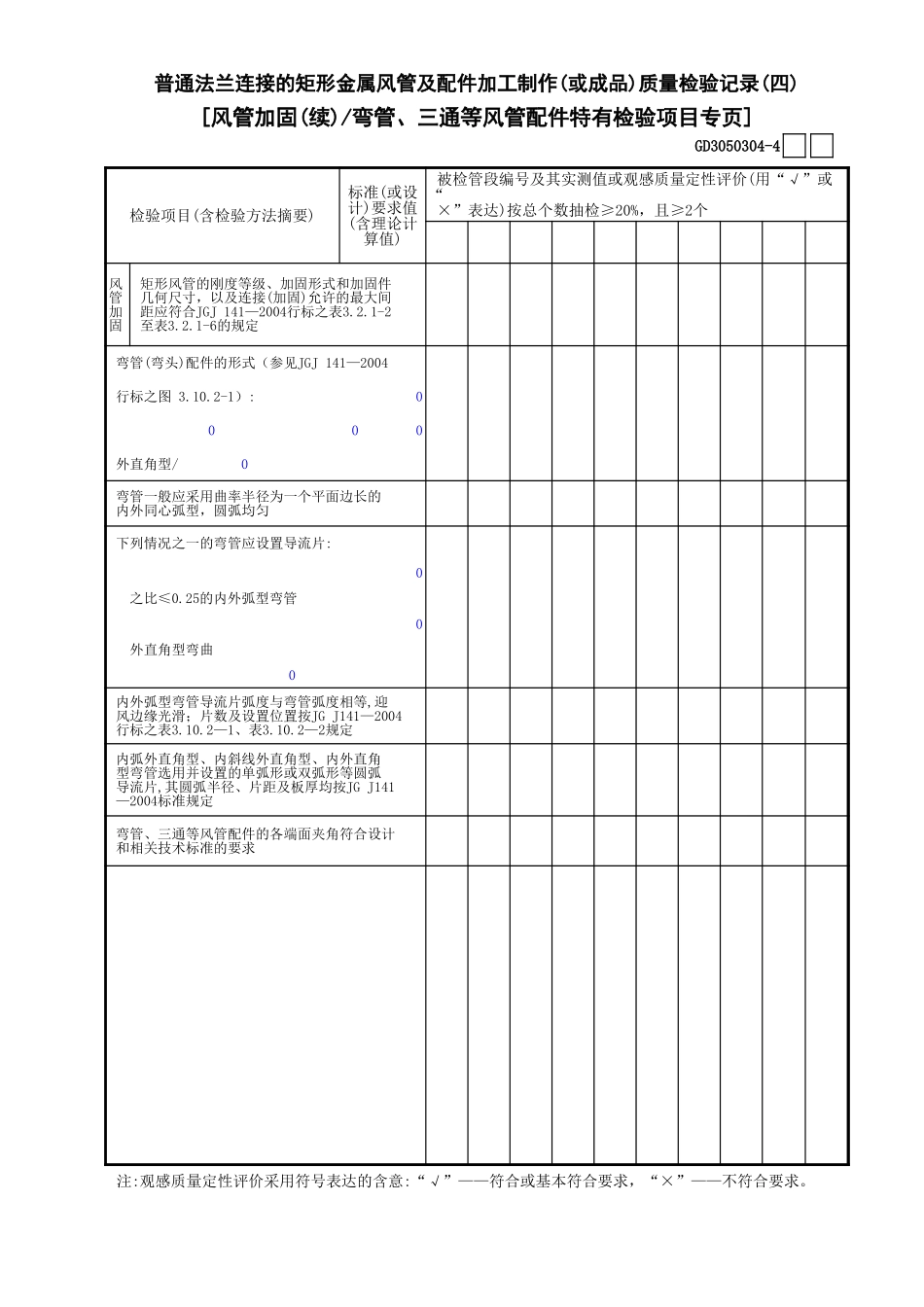 04普通法兰连接的矩形金属风管及配件加工制作(或成品)质量检验记录(4)GD3050304.xls_第1页