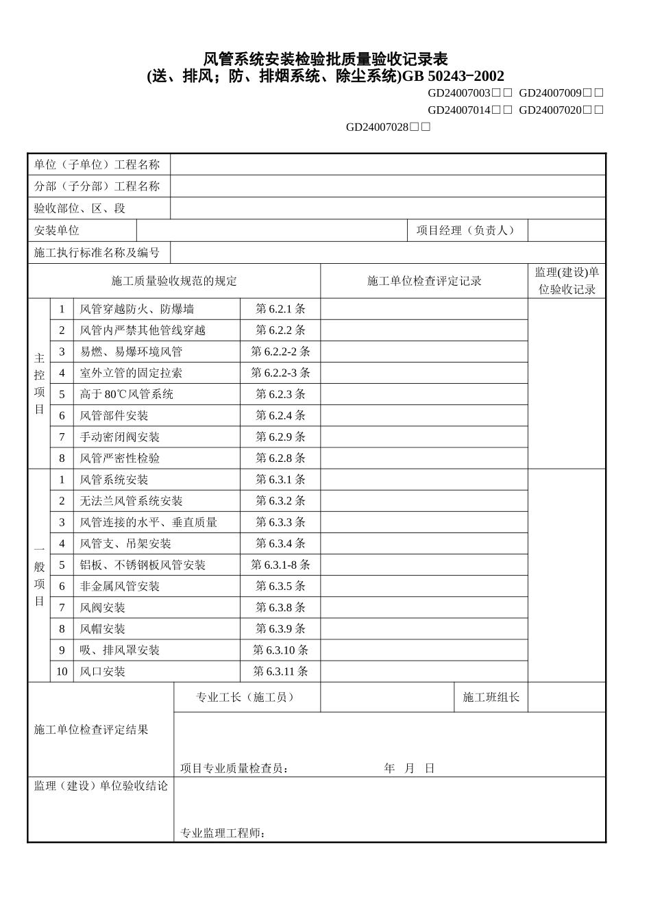 4、风管系统安装检验批质量验收记录表（送、排风系统；防、排烟系统；除尘系统）（GD2407021）.doc_第1页