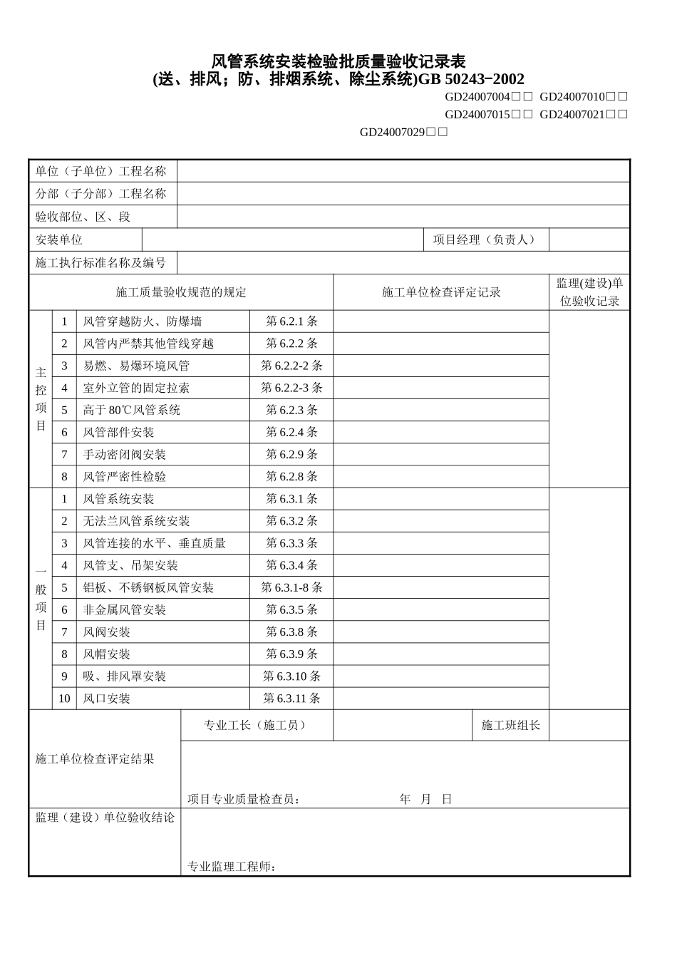 4、风管系统安装检验批质量验收记录表（送、排风系统；防、排烟系统；除尘系统）（GD2407029）.doc_第1页