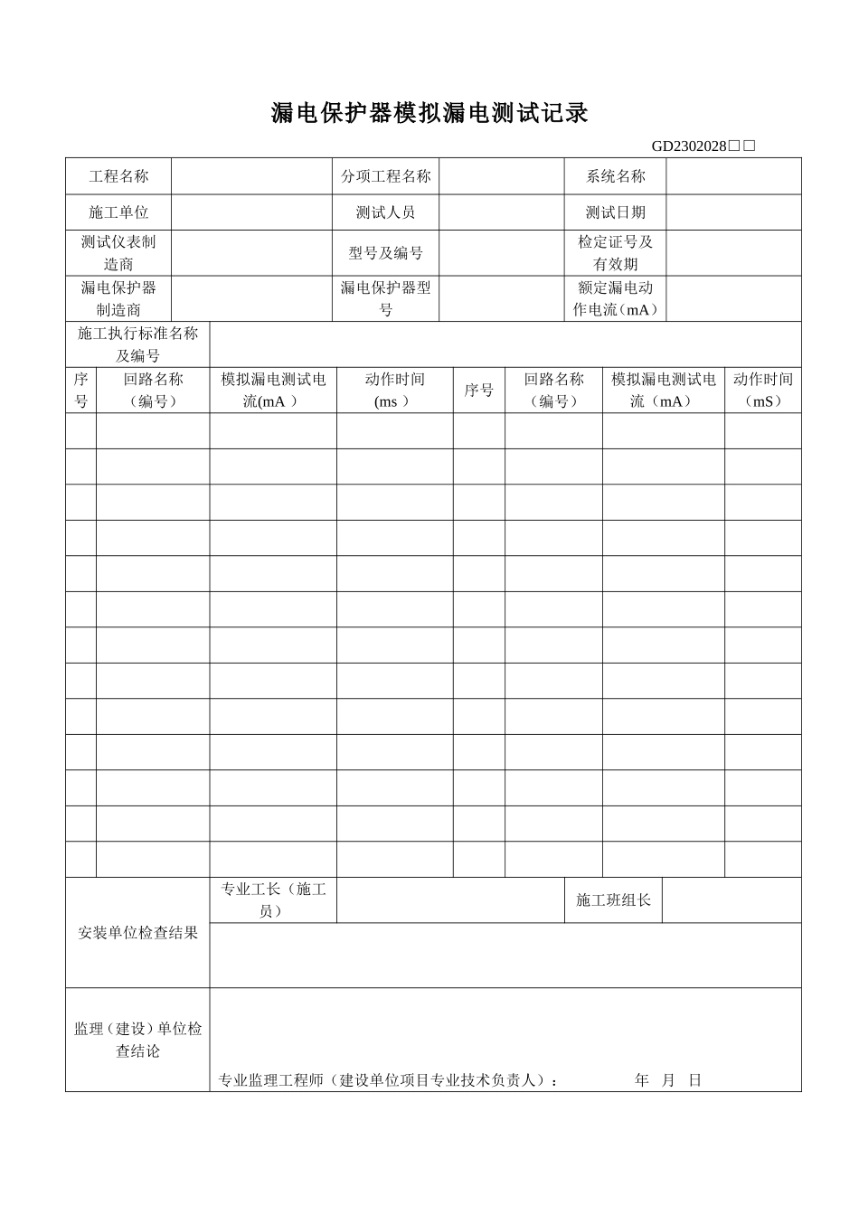 4、漏电保护器模拟漏电测试记录(GD2302028).doc_第1页