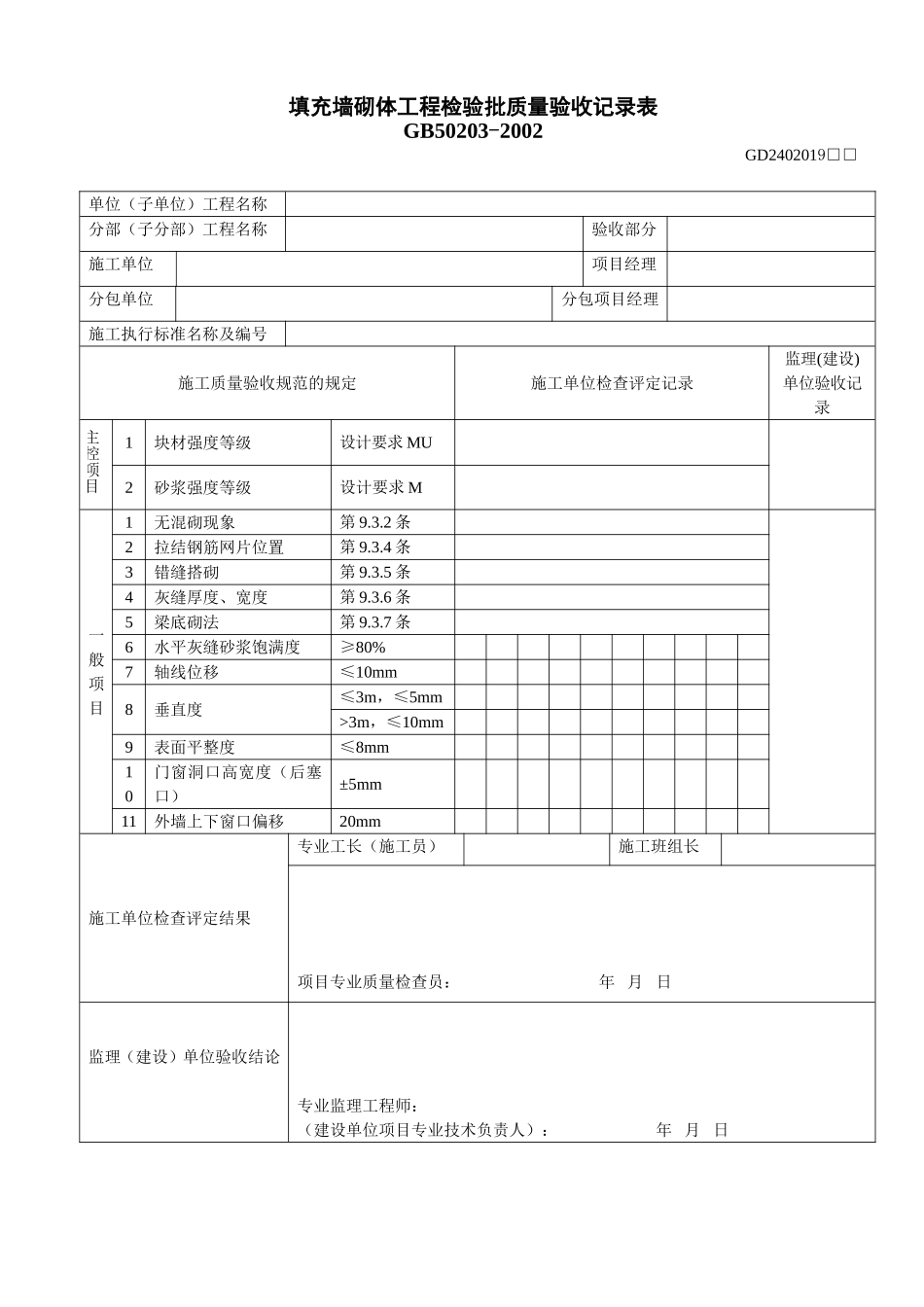 4、填充墙砌体工程检验批质量验收记录表(GD2402019).doc_第1页