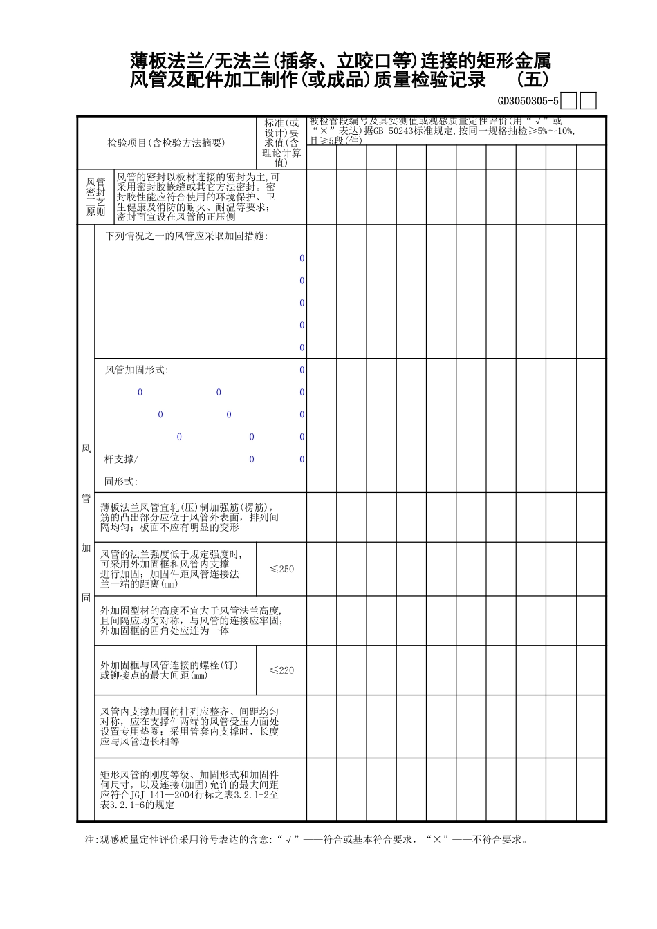 05薄板法兰—无法兰(插条、立咬口等)连接的矩形金属风管及配件加工制作(或成品)质量检验记录(5)GD3050305.xls_第1页