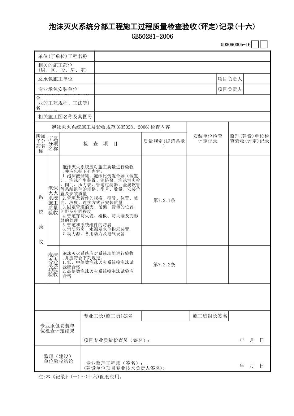 05泡沫灭火系统分部工程施工过程质量检查验收(评定)记录 (16)GD3090305.xls_第1页