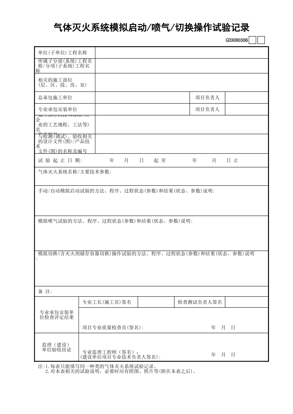 06气体灭火系统模拟启动—喷气—切换操作试验记录GD3080306.xls_第1页