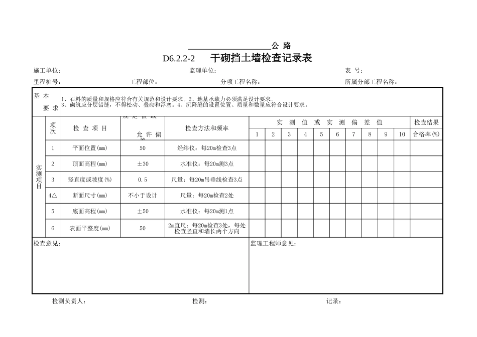 6 挡土墙、防护及其他砌筑工程工序检查记录表.xls_第3页