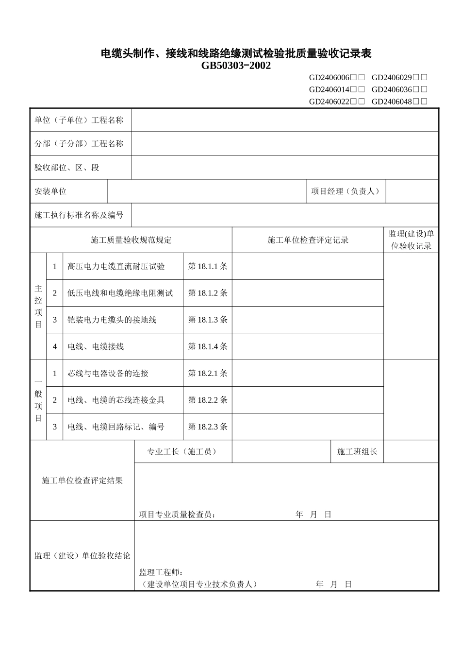 6、电缆头制作、接线和线路绝缘测试检验批质量验收记录表(GD2406036).doc_第1页