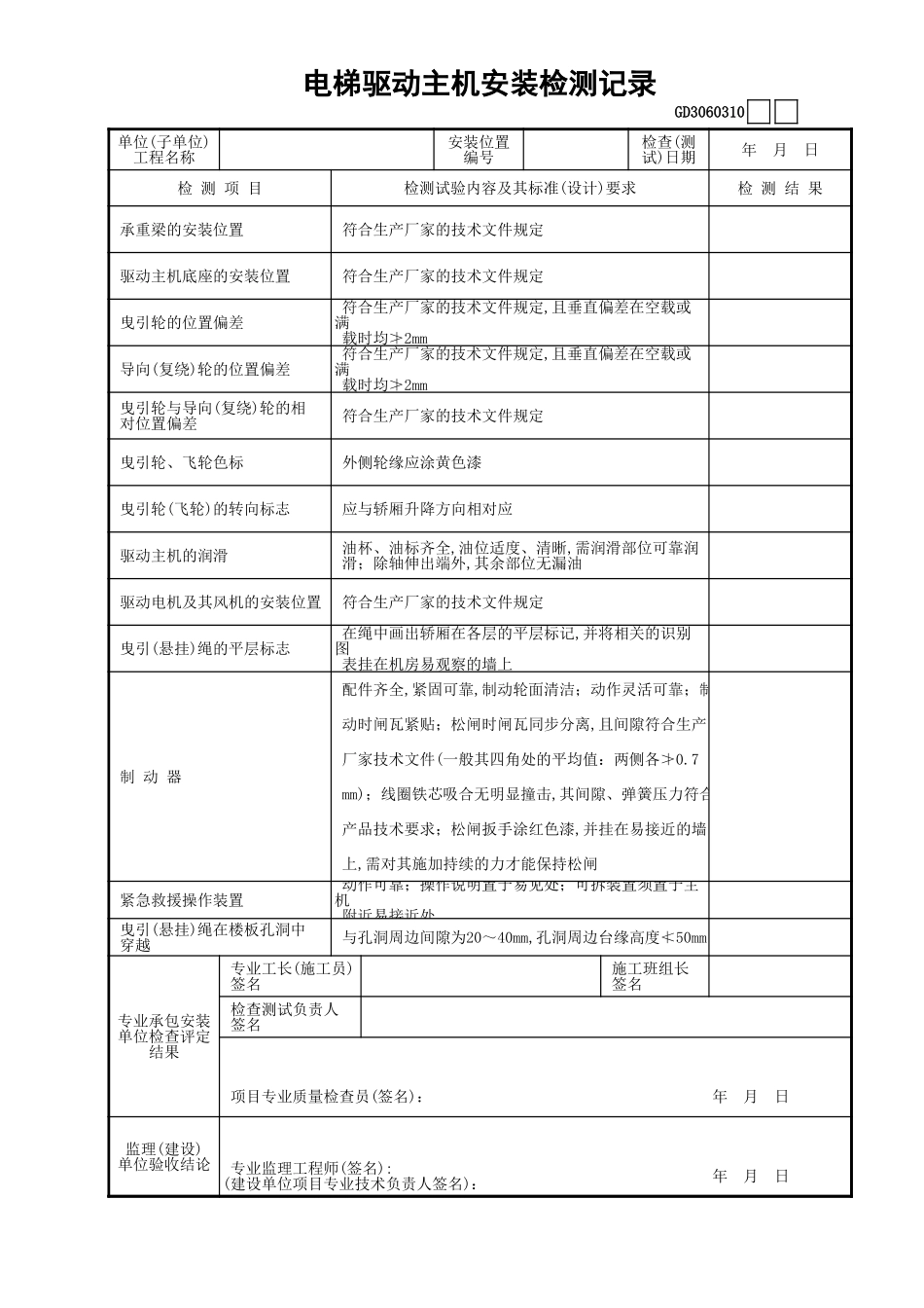 07电梯驱动主机安装检测记录GD3060310.xls_第1页