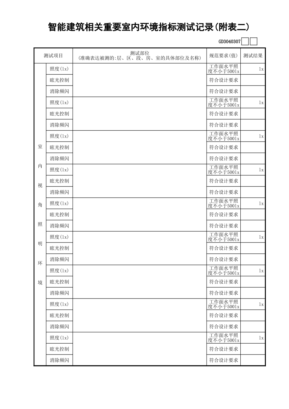 07智能建筑相关重要室内环境指标测试记录(附表二)GD3040307.xls_第1页