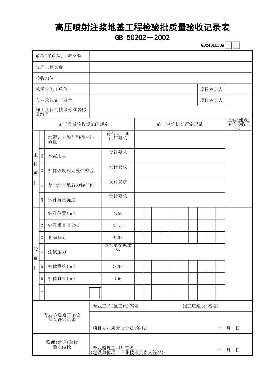 09高压喷射注浆地基工程检验批质量验收记录表GD24010309.xls_第1页