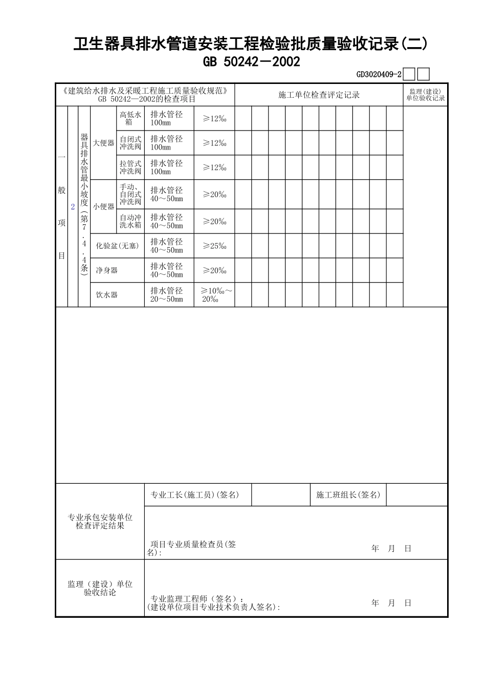 09卫生器具排水管道安装工程检验批质量验收记录(2)GD3020409.xls_第1页