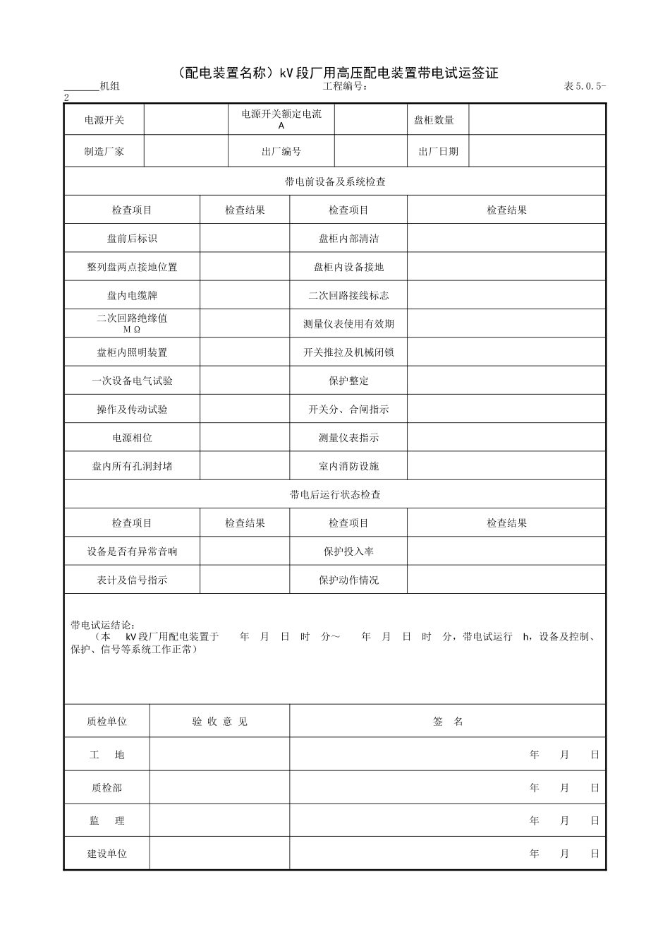 9.8.3（配电装置名称）kV段厂用高压配电装置带电试运签证.doc_第1页