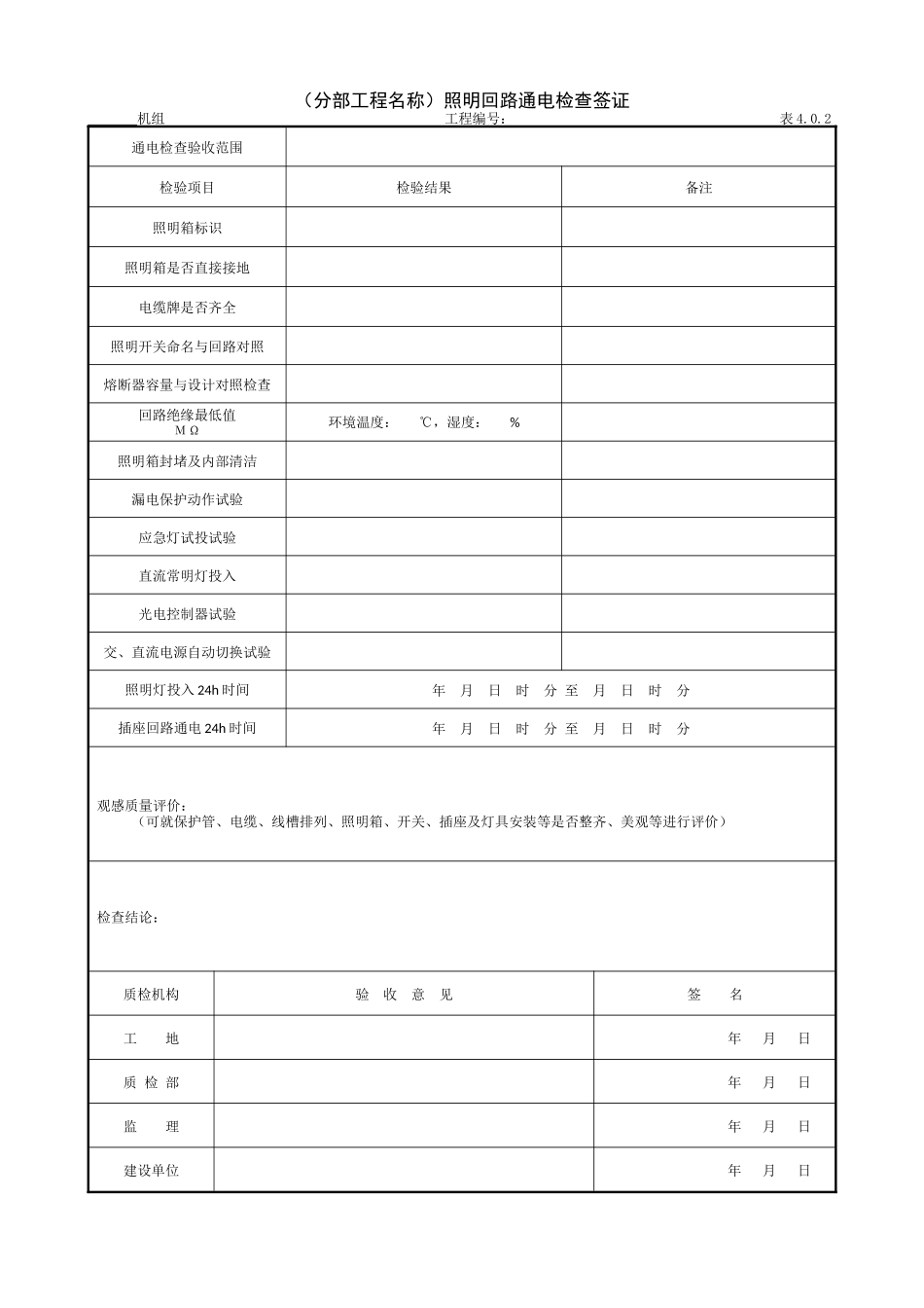 9.15.1(分部工程名称)照明回路通电检查签证.doc_第1页