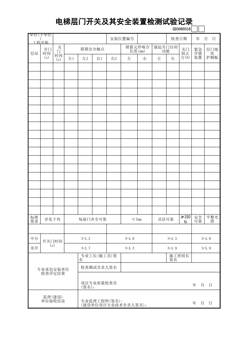 11电梯层门开关及其安全装置检测试验记录GD3060316.xls_第1页