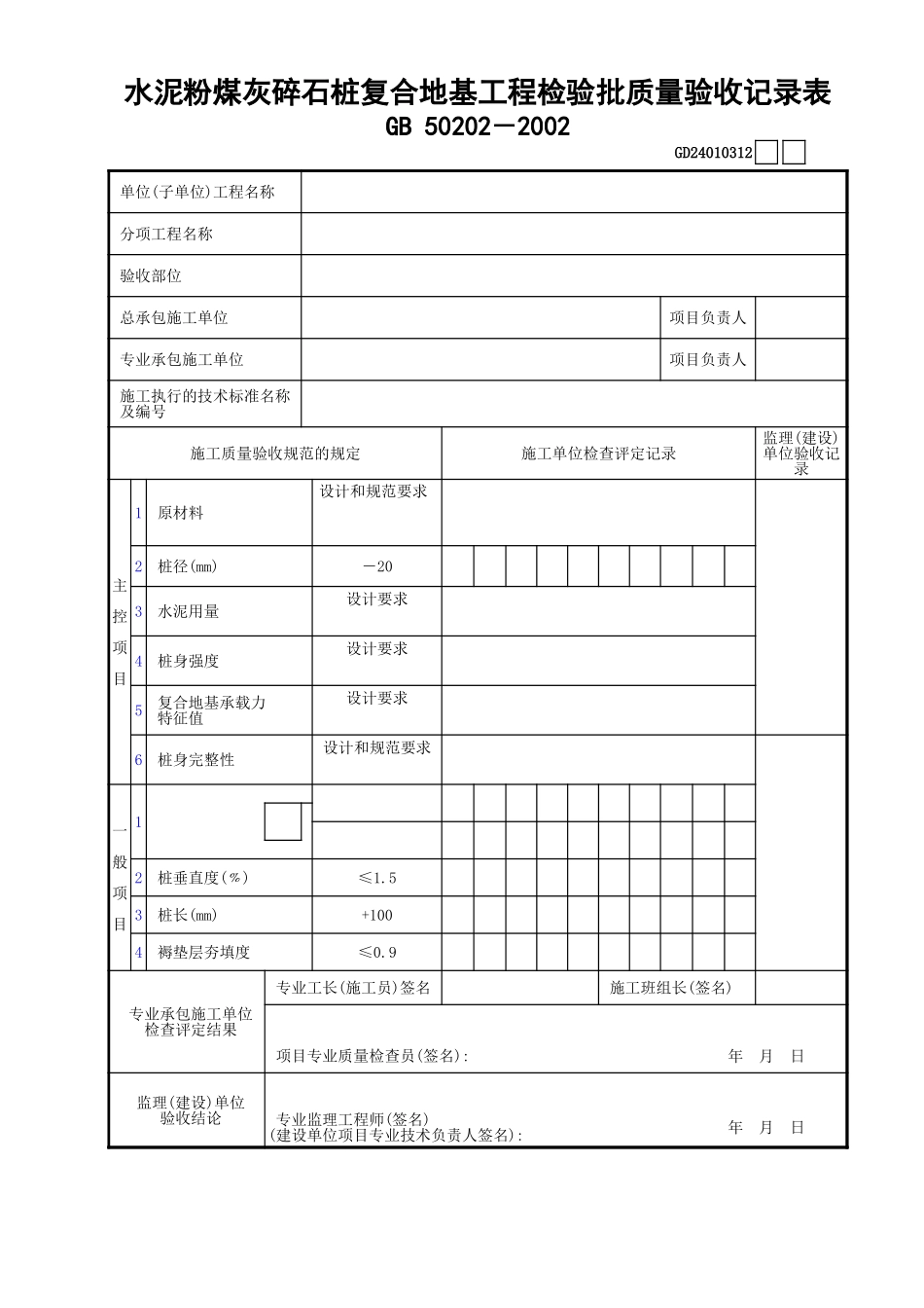 12水泥粉煤灰碎石桩复合地基工程检验批质量验收记录表GD24010312.xls_第1页