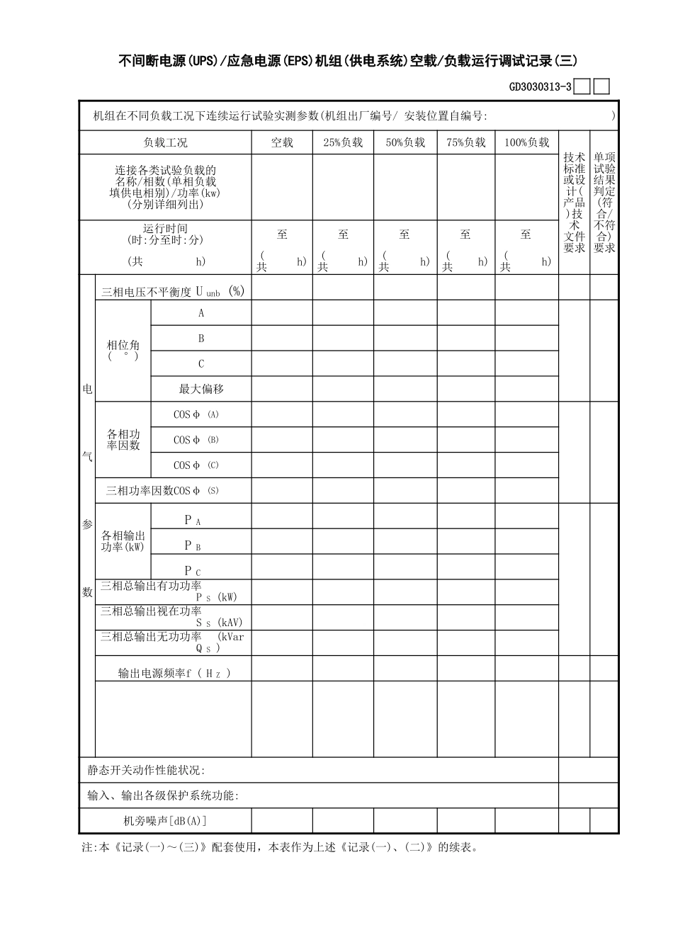 13不间断电源(UPS)—应急电源(EPS)机组(供电系统)空载—负载运行调试记录(3)GD3030313.xls_第1页