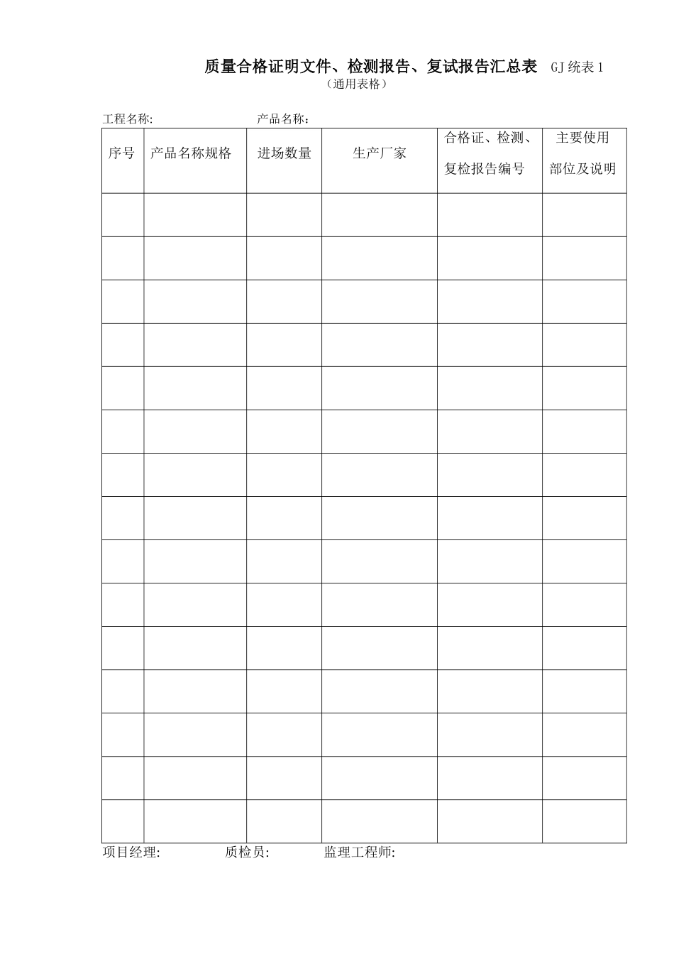 13质量合格证明文件、检测报告、复试报告汇总表GJ统表1.doc_第1页