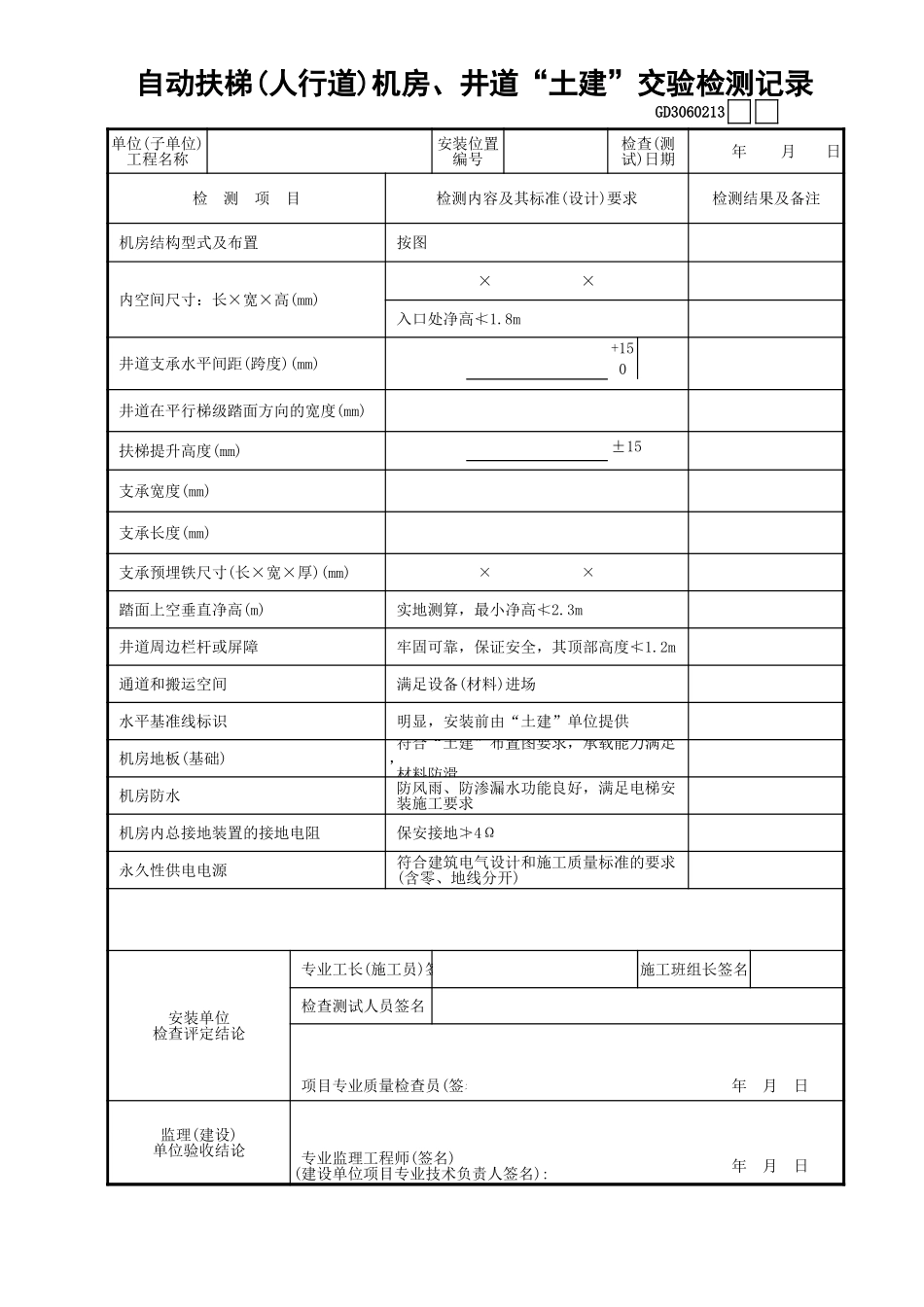 13自动扶梯(人行道)机房、井道“土建”交验检测记录GD3060213.xls_第1页