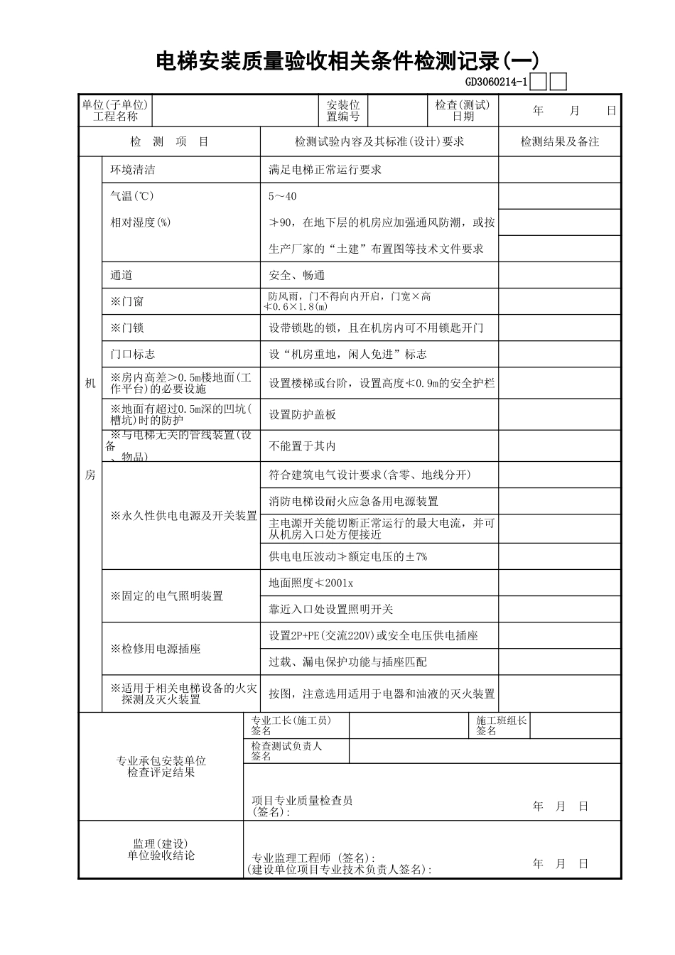14电梯安装质量验收相关条件检测记录(1)GD3060214.xls_第1页