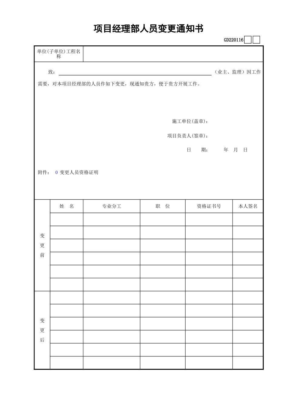 16项目经理部人员变更通知书GD220116.xls_第1页