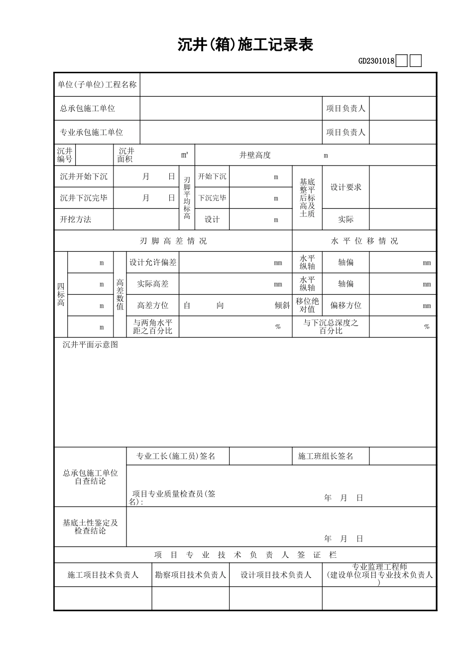 018沉井(箱)施工记录表GD2301018.xls_第1页