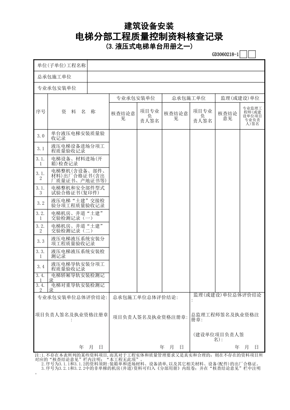 18电梯分部工程质量控制资料核查记录(3.液压式电梯单台用册之1)GD3060218.xls_第1页