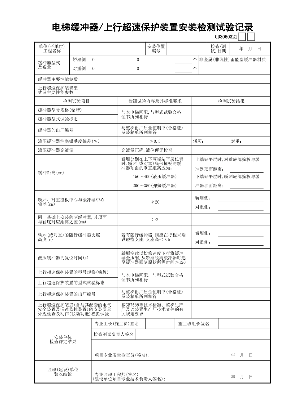 20电梯缓冲器—上行超速保护装置安装检测试验记录GD3060321.xls_第1页