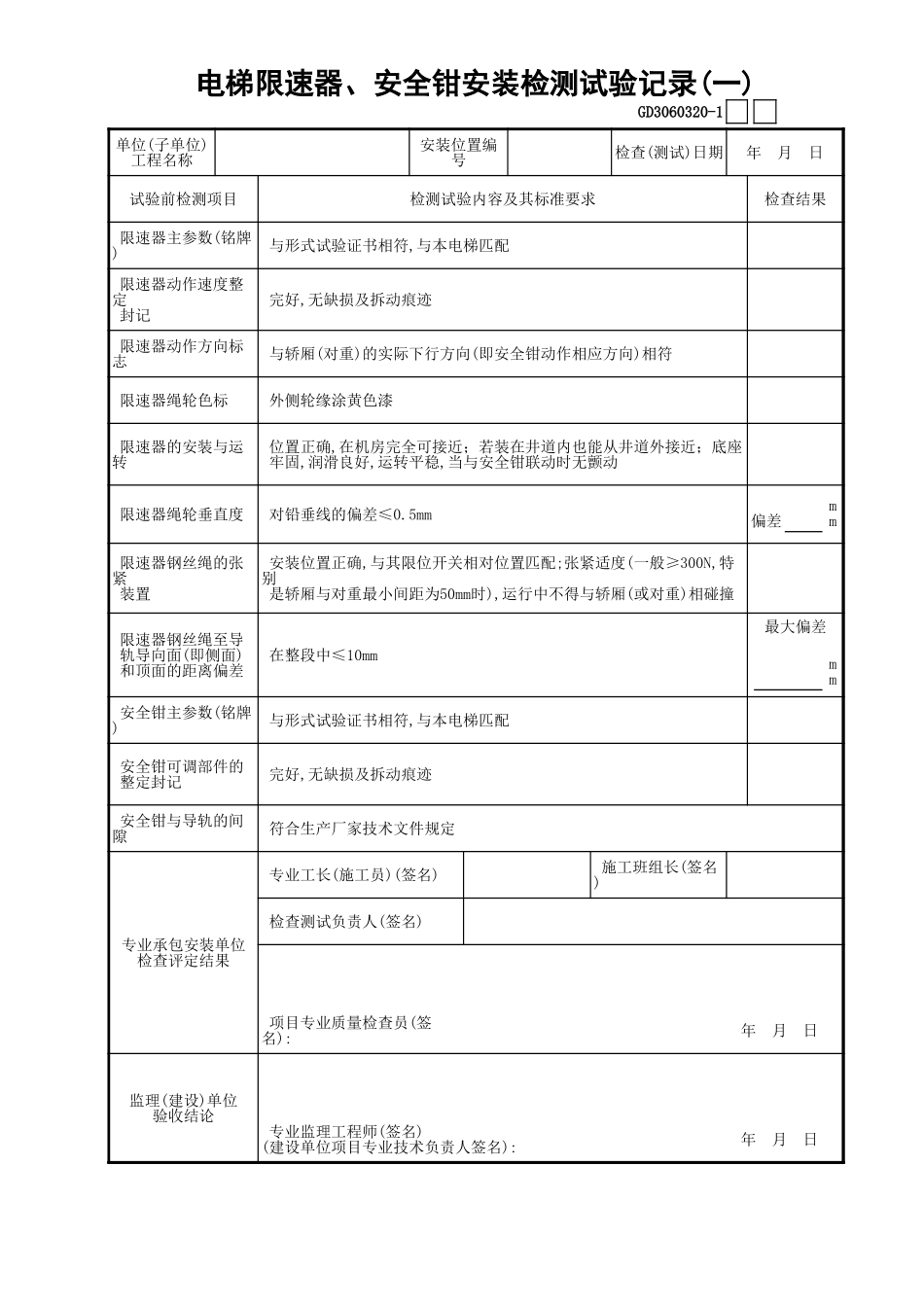 20电梯限速器、安全钳安装检测试验记录(1)GD3060320.xls_第1页