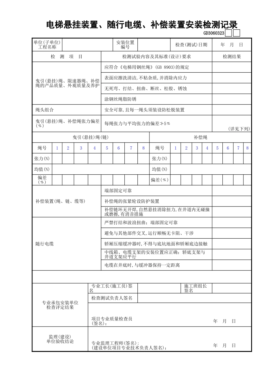 23电梯悬挂装置、随行电缆、补偿装置安装检测记录GD3060323.xls_第1页